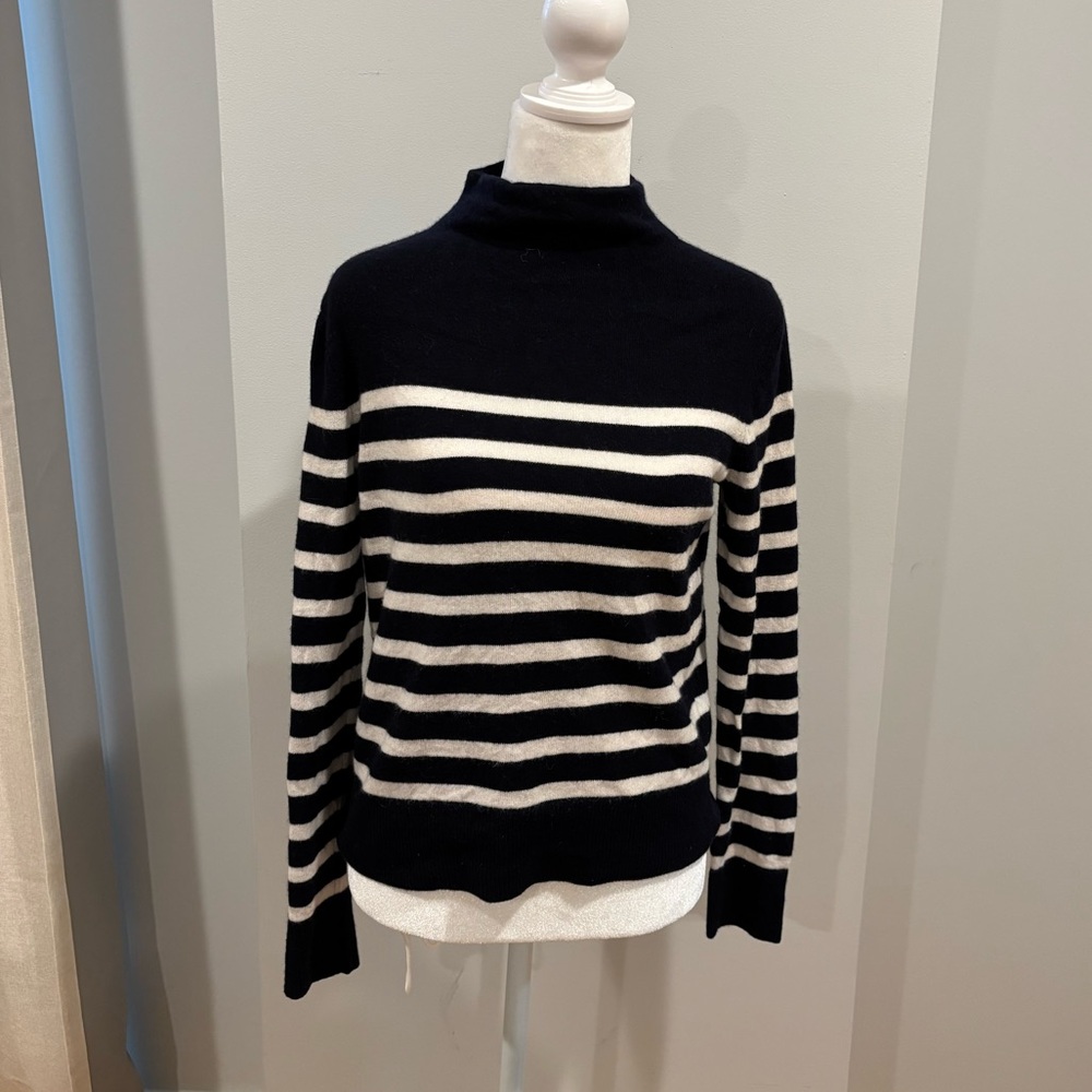 Vince Navy and White Striped Cashmere Blend Turtleneck Sweater